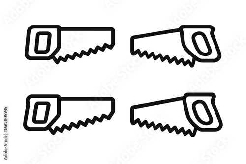 Four distinct illustrations of hand saws displayed in a grid format, showcasing tool design variations and features