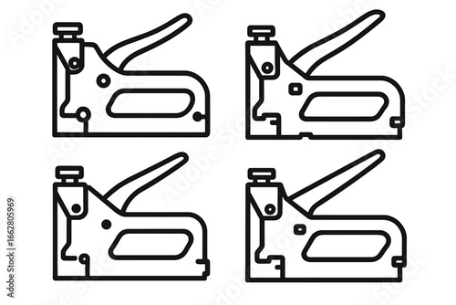 Different angles of a staple gun in black and white outline showcasing its design and functionality