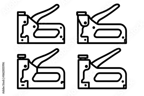 Different variations of staple guns displayed in a grid format showcasing their designs and mechanisms