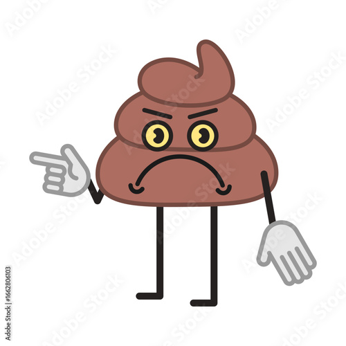 Poop character half turn points finger and dissatisfied