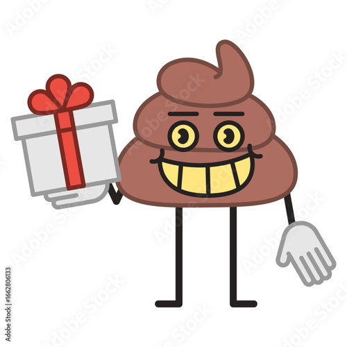 Poop character holding gift box and smiling