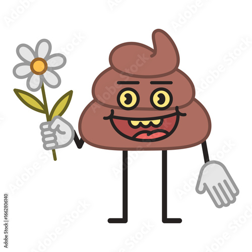 Poop character holding flower and smiling