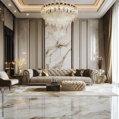 A luxury living room with a chandelier