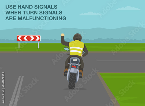Motorcycle riding tips and rules. Back view of a bike rider showing "right turn" gesture by bending his left arm. Use hand signals when turn signals are malfunctioning. Flat vector illustration.