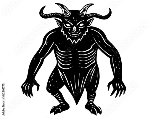 Devil Silhouette Linocut, Dark Evil Horned Vector Design