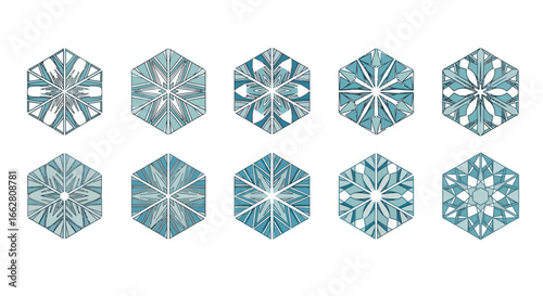 Collection of ten intricate hexagonal geometric snowflake designs with detailed line art patterns in shades of blue and white.
