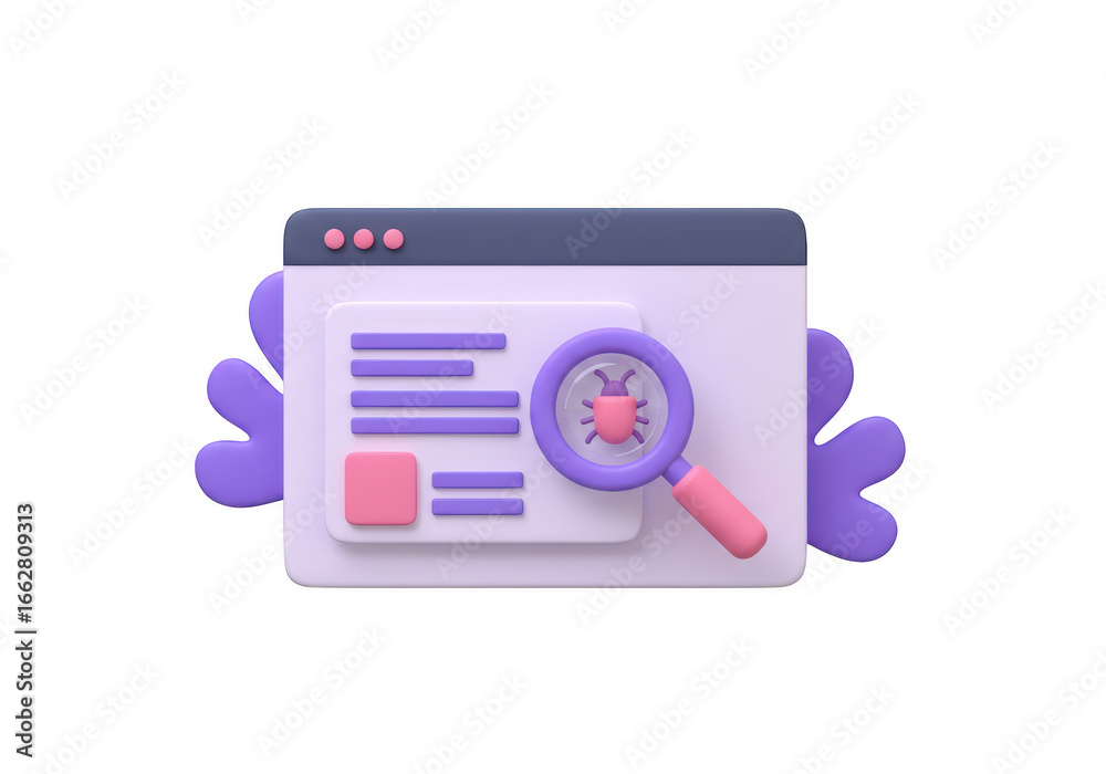 Fototapeta premium A 3d render of a computer screen with purple text and a pink square, a magnifying glass revealing a bug icon, isolated on transparent background