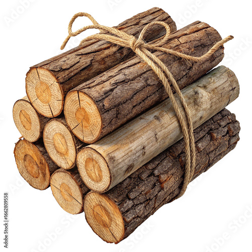 Stack of rustic firewood logs tied with natural twine, perfect for cozy cabin vibes or outdoor adventure themes.