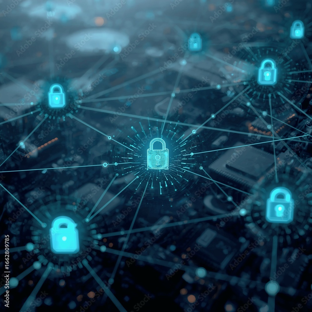Obraz premium Digital Network Security with Glowing Padlock and Data Encryption Concept 