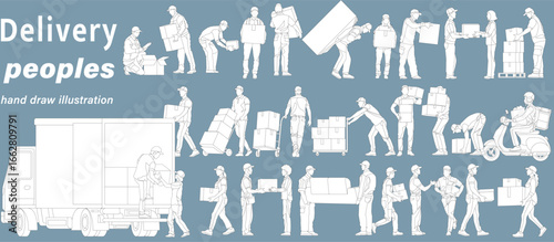 Delivery staff flat vector monochrome illustration set
