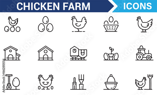 Line Art of Chicken, Eggs, and Farm Equipment for Design