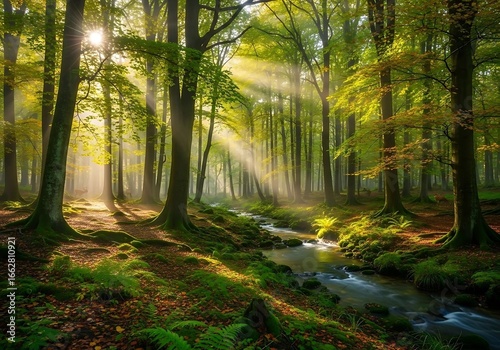 Sunlight streaming through trees in a lush green forest
