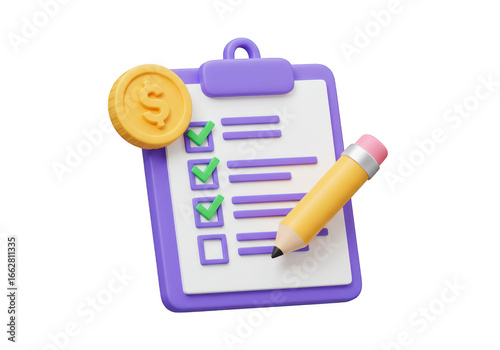 3d illustration of a clipboard with a checklist, a pencil, and a coin, symbolizing financial planning and task completion, isolated on transparent background