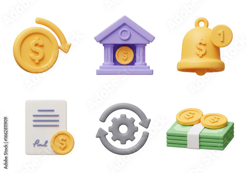 Collection of financial icons including money, bank, bell, document, gears, and cash stack, isolated on transparent background