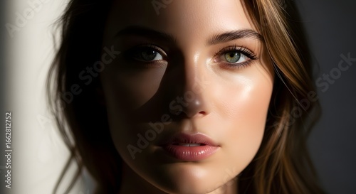 Enigmatic beauty captured in a striking portrait, featuring a woman's face artfully divided by light and shadow, emphasizing her serene gaze and glowing complexion