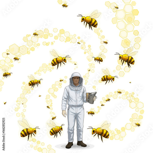 Beekeeper Surrounded by Bees in Honeycomb Pattern Illustration