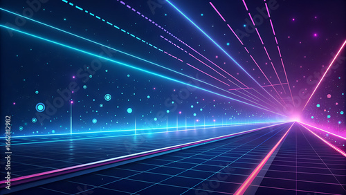 abstract blue background, Futuristic neon lines and glowing particles on a dark gradient background, inspired by cyberpunk aesthetics