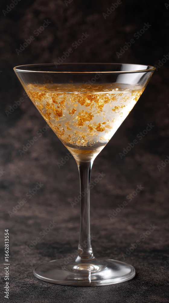 Crystal clear cocktail with suspended gold flakes in martini glass