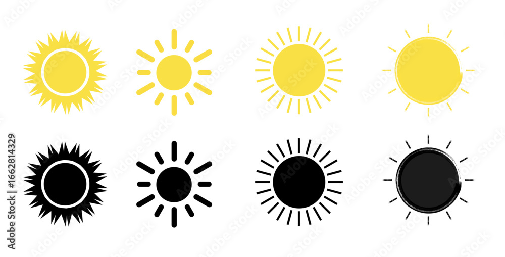 Fototapeta premium Sun icons set. Sun vector icon set in yellow and black color isolated on a white background. Variety sun design. Vector illustration. 