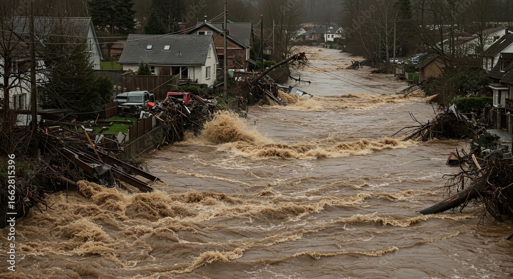Obraz premium Homes devastated by a powerful flood with muddy water rushing through the street, showcasing the urgent need for disaster relief and community support during extreme weather events