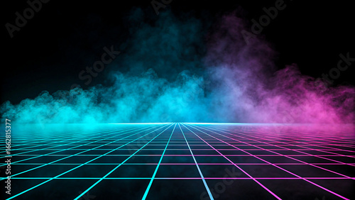 Vibrant neon grid with atmospheric smoke, perfect for futuristic backgrounds and digital design