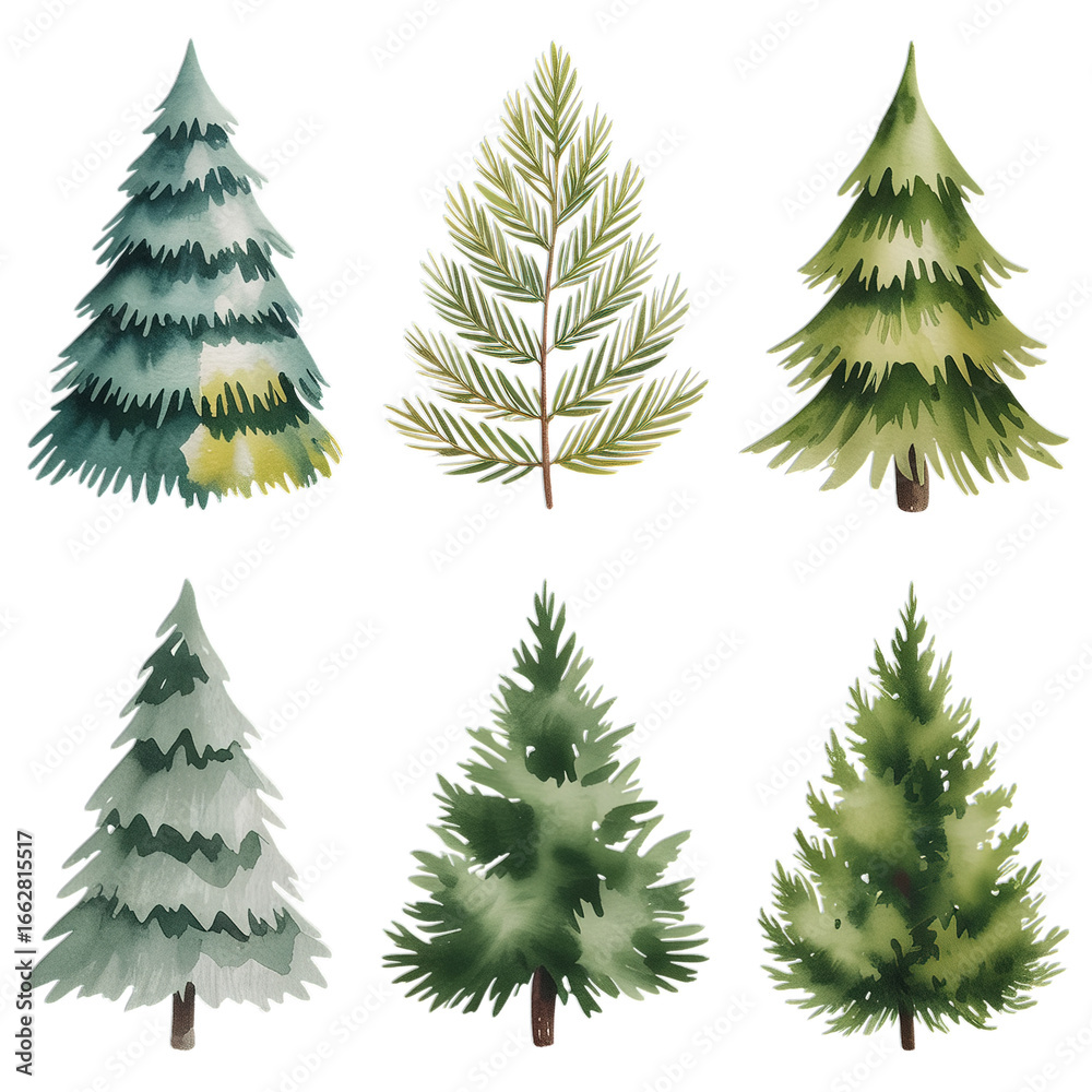 Obraz premium Watercolor Christmas trees collection, perfect for festive designs, holiday cards, and seasonal projects