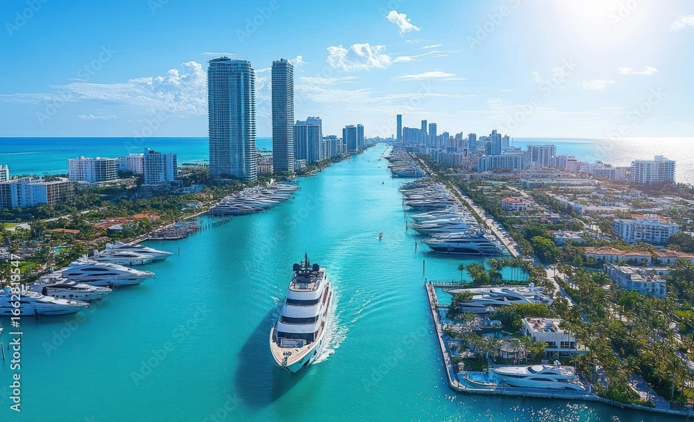 Obraz premium Aerial view of a luxury yacht cruising through a turquoise waterway lined with docks and numerous yachts, high-rise buildings, sunny sky, and calm ocean in a coastal city