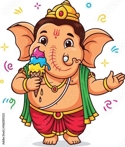 Cartoon Illustration of Ganesha Eating Ice Cream 