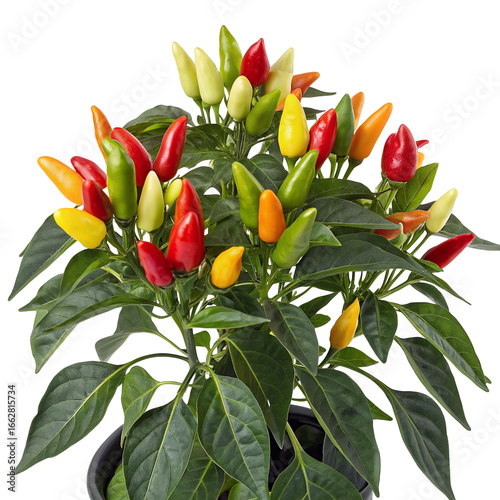 Vibrant chili pepper plant with colorful peppers for garden and culinary use in black plastic pot