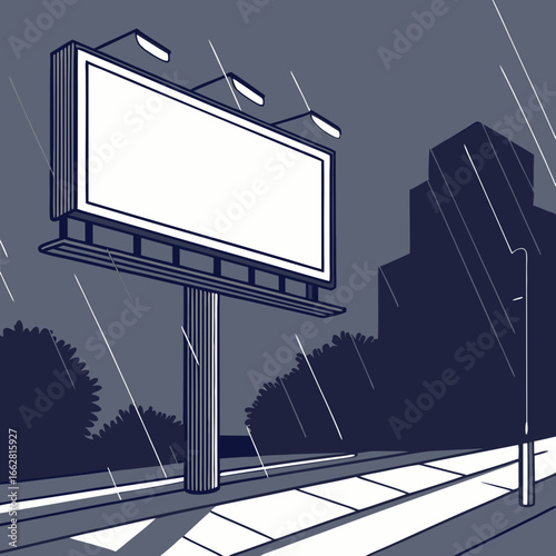 Blank Billboard in Rainy City at Night