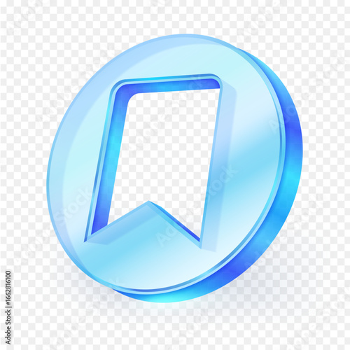 3D glass bookmark icon button, isolated on transparent background. Modern design represents concepts like saving, favorite, web, mark, and application. Vector illustration.