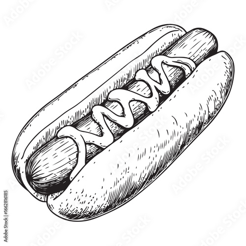 Hot dog with mustard and relish woodcut engraving vector illustration
