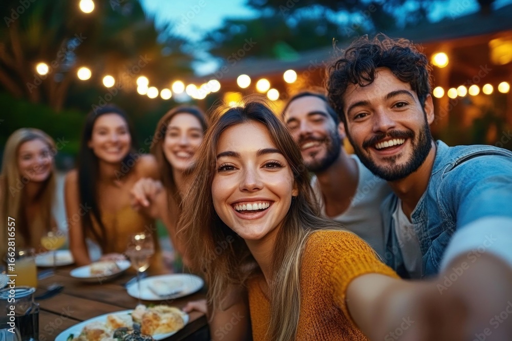 Obraz premium group of young adults happily taking a selfie at an outdoor evening gathering with string lights and food on the table