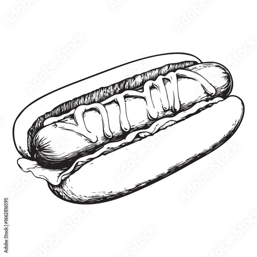 Hot dog with mustard and relish woodcut engraving vector illustration
