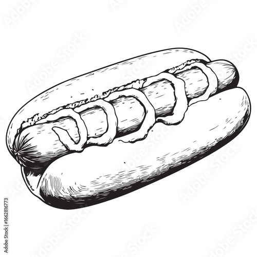 Hot dog with mustard and relish woodcut engraving vector illustration
