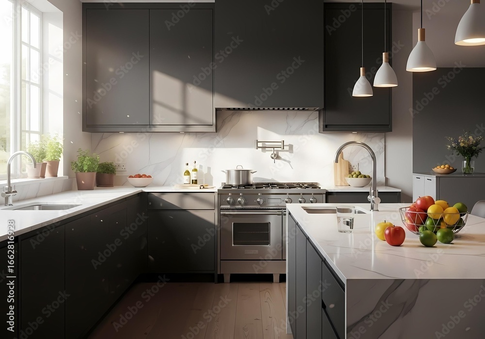 Fototapeta premium A modern kitchen with gray cabinets and white counters