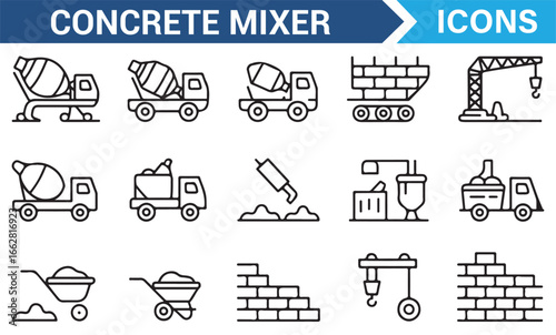 Line Art Construction Equipment and Concrete Mixer Symbols for Graphics