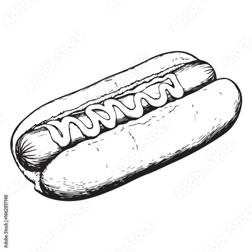Hot dog with mustard and relish woodcut engraving vector illustration

