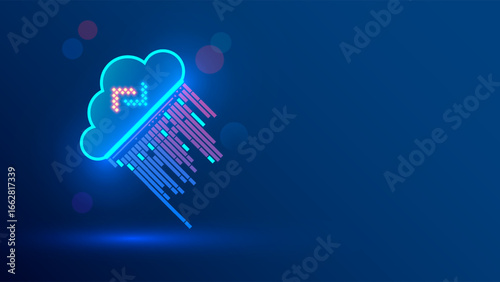 Cloud storage of programs and code. Cloud computing of ai coding, programming. The program code drops from the cloud icon in the form of rain. API repository. neon Icon Cloud with text code.