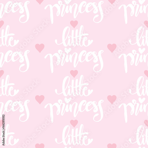 Seamless pattern with hand drawn lettering little princess. Vector illustration.