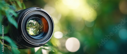The elegant camera lens framed by lush green foliage in nature.