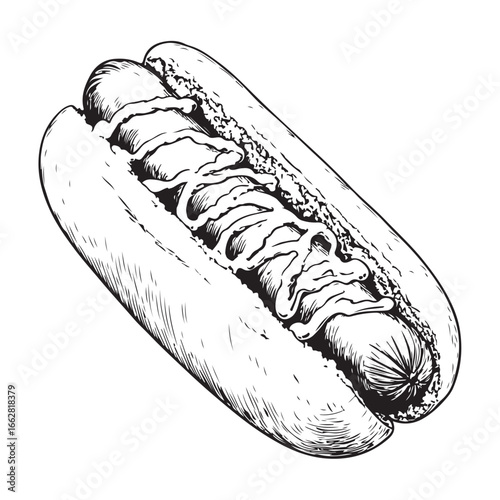 Hot dog with mustard and relish woodcut engraving vector illustration
