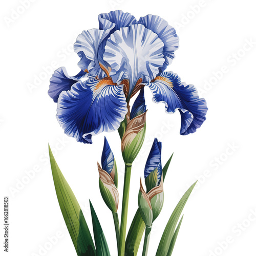 Elegant watercolor iris in full bloom, with vibrant blue petals and fresh green foliage, perfect for design