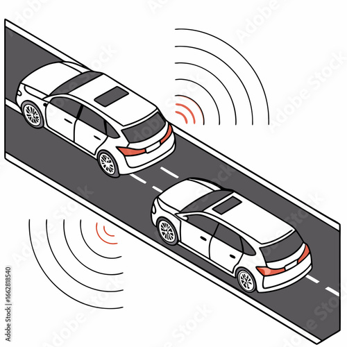 Isometric Illustration of Two Cars with Sensors Detecting Distance on a Road