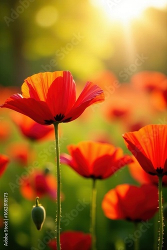 Vibrant red poppies bathed in golden sunlight , texture, landscape, image