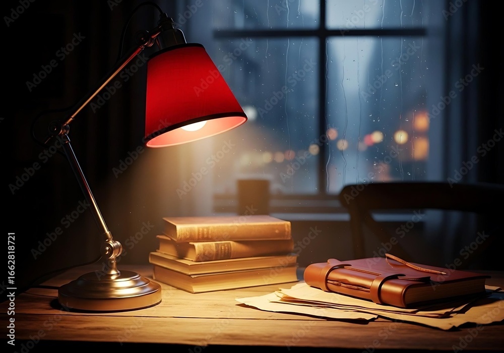 Obraz premium A desk lamp illuminates books and a leather journal