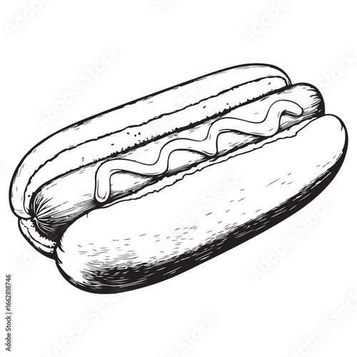 Hot dog with mustard and relish woodcut engraving vector illustration
