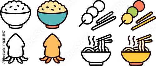 Set of Japanese food icons in line art and color styles.