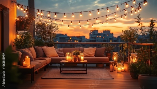 Fototapeta Naklejka Na Ścianę i Meble -  Cozy rooftop terrace with comfortable seating, warm string lights and candles glowing at sunset with cityscape in the background