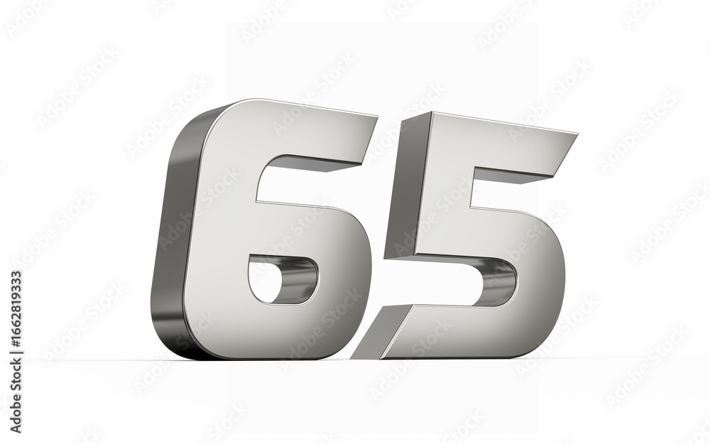 Fototapeta premium 3d Silver number 65 Sixty five sleek metallic look isolated on white background, 3d illustration